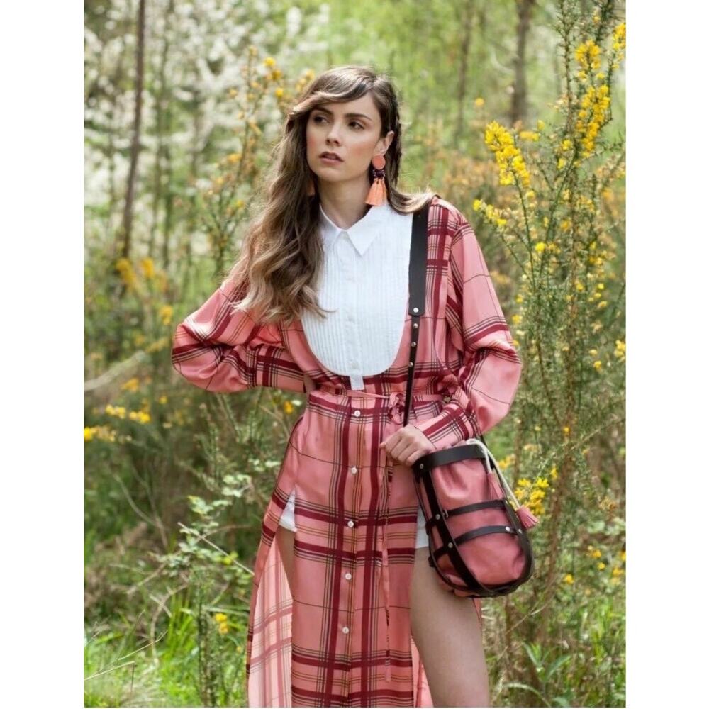 NWT ZARA Studio Collection Contrast Check Tunic Dress Pink Red Plaid Size L - Picture 6 of 14